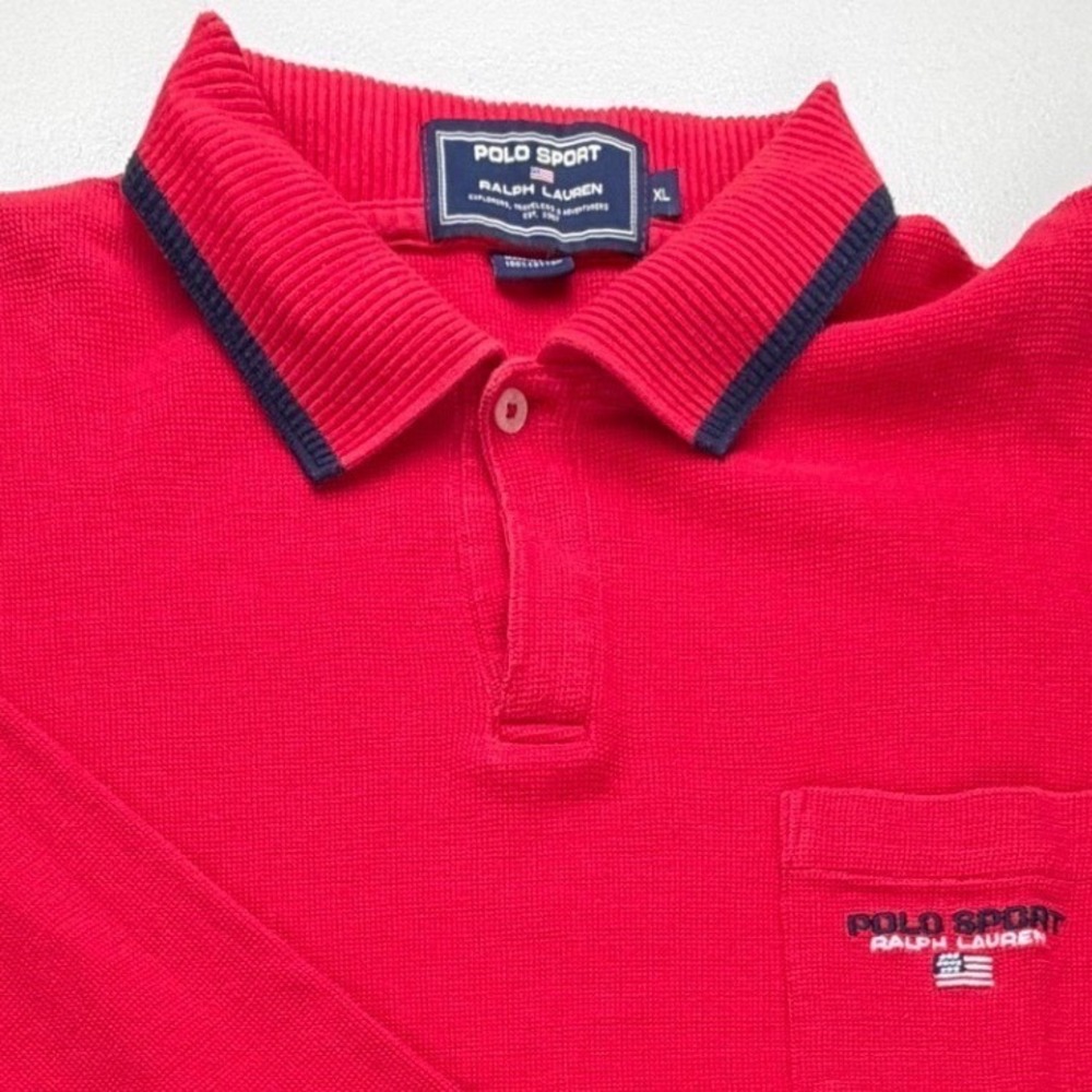Polo Sport Ralph Lauren Mens XL Red Waffle Knit Long Sleeve Polo Shirt Pocket